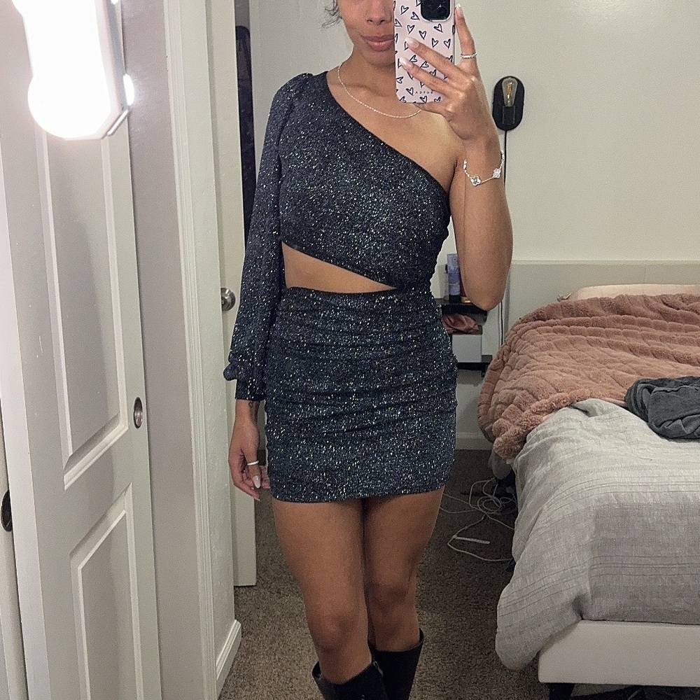 Windsor Sparkling Black Mini Cutout One Shoulder Dress